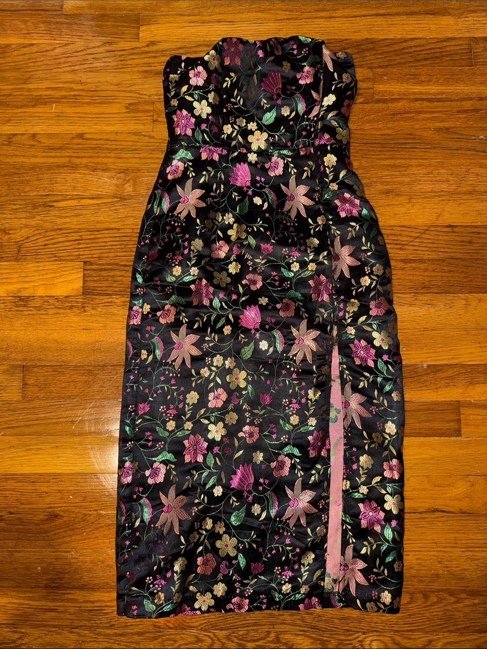 Lulu's Black Strapless Floral Sheath Dress with Pink & Green Accents